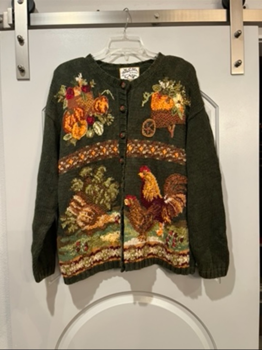 Vintage dark green and orange Thanksgiving/ Harvest/ Fall knit cardigan sweater